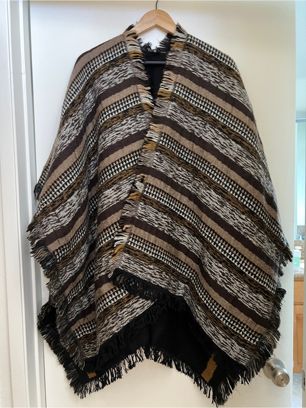 Lucky Brand - Brown & Black Striped Fringe Poncho Jacket